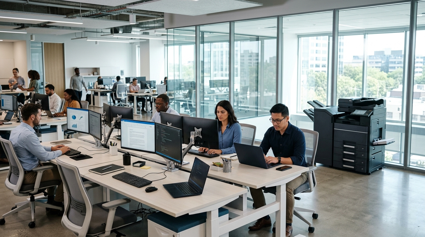 Modern commercial business workplace with workstations and office printers